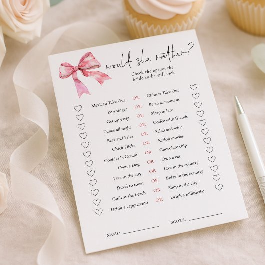 Invitation PInk Bow Would She Rather Bridal Shower Game Card