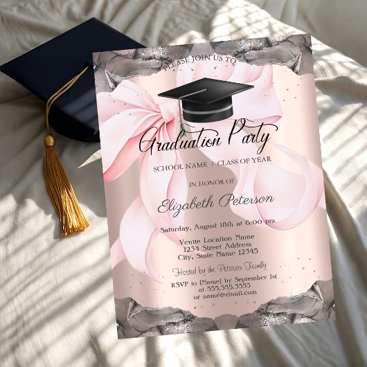 Invitation Pink Bow Your Photo Rose Gold Graduation  