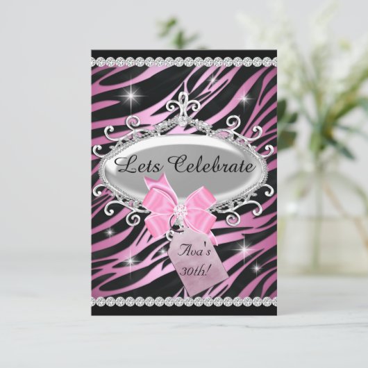 Invitation Pink Bow Zebra Imprimer 30e anniversaire (Debout devant)