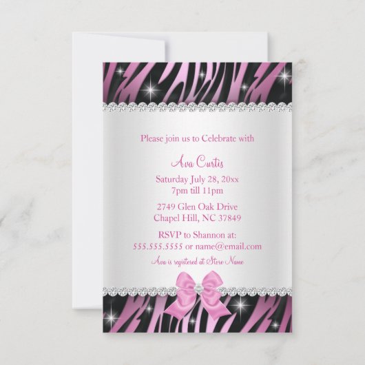 Invitation Pink Bow Zebra Imprimer 30e anniversaire (Dos)