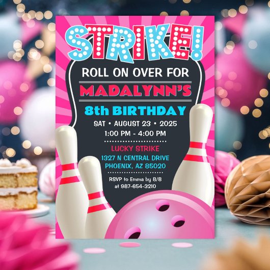 Invitation Pink Bowling Party filles Anniversaire