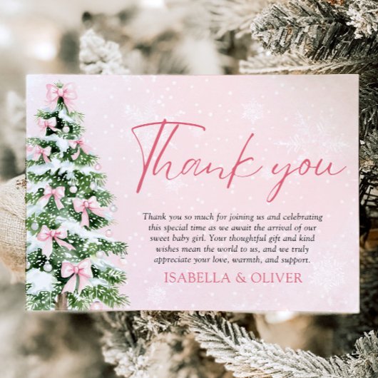 Invitation Pink Bows Christmas Tree Winter Thank you card