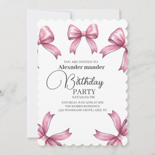 Invitation Pink Bows tendance Fille Anniversaire (Devant)