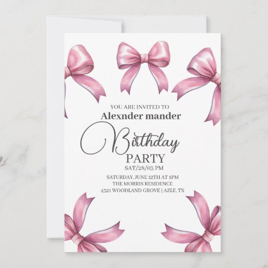 Invitation Pink Bows tendance Fille Anniversaire (Devant)