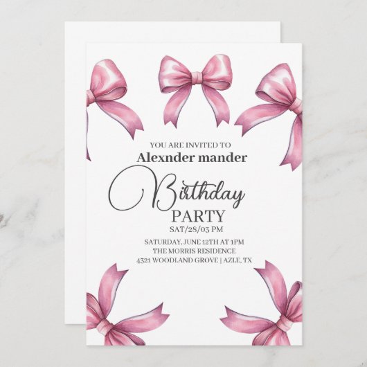 Invitation Pink Bows tendance Fille Anniversaire (Devant / Derrière)
