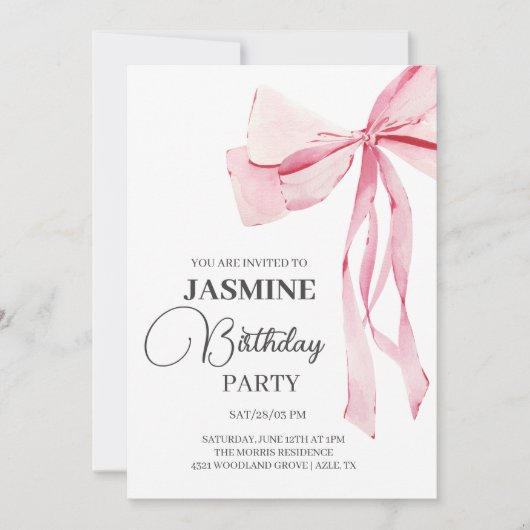 Invitation Pink Bows tendance Fille Anniversaire (Devant)