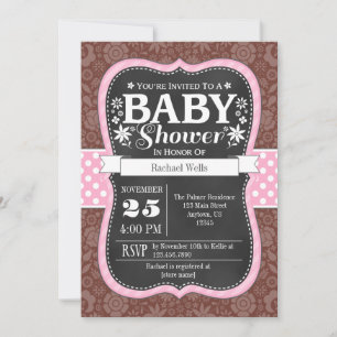 Invitation Pink Brown Chalkboard Floral Baby shower Invitatio