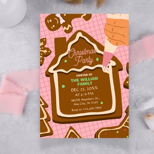 Invitation Pink brown cute Gingerbread christmas party