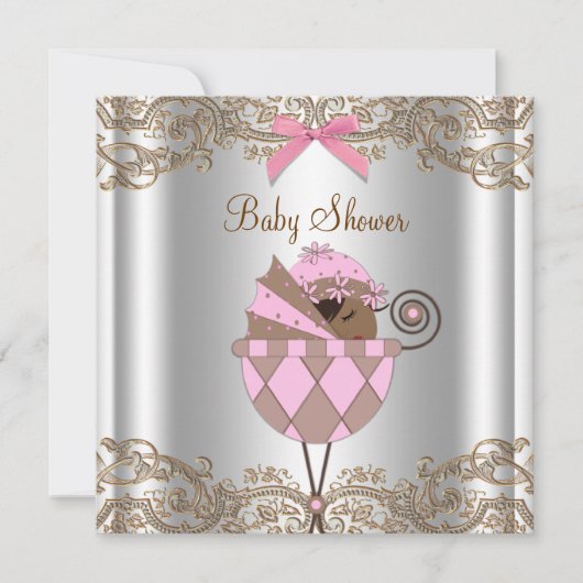 Invitation Pink Brown dentelle Africaine Américaine Baby Girl (Devant)