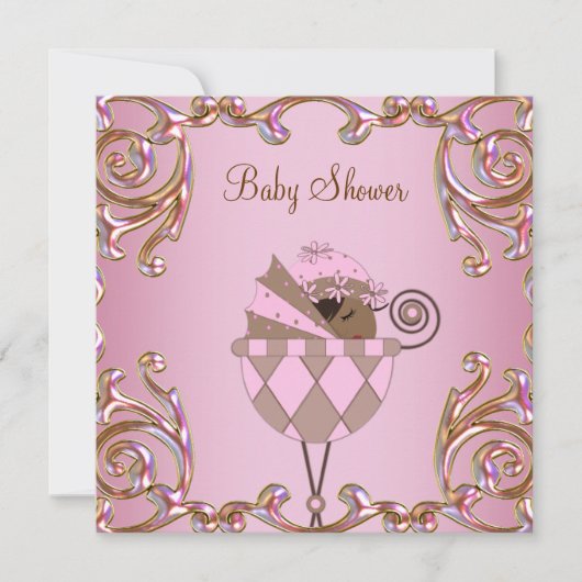 Invitation Pink Brown or dentelle bébé fille douche Invitatio (Devant)