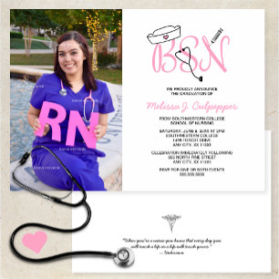 Invitation Pink BSN Infirmière photo graduation pinning party