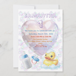 Invitation Pink Bubble Duck 1st Birthday Invite