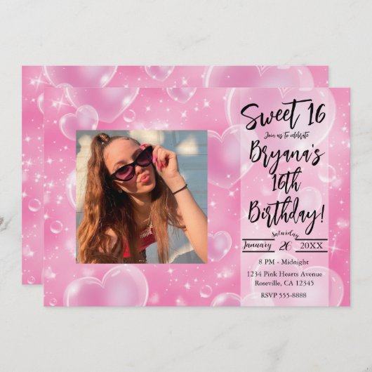 Invitation Pink Bubble Hearts mignon fille 90's Anniversaire (Devant / Derrière)
