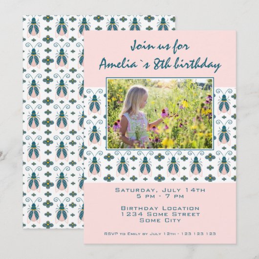 Invitation Pink Bugs Flower Motif Photo Anniversaire (Devant / Derrière)