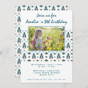 Invitation Pink Bugs Flower Motif Photo Anniversaire