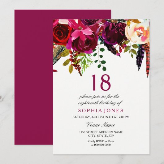 Invitation Pink & Burgundy Boho Floral 18e fête d'anniversair (Devant / Derrière)