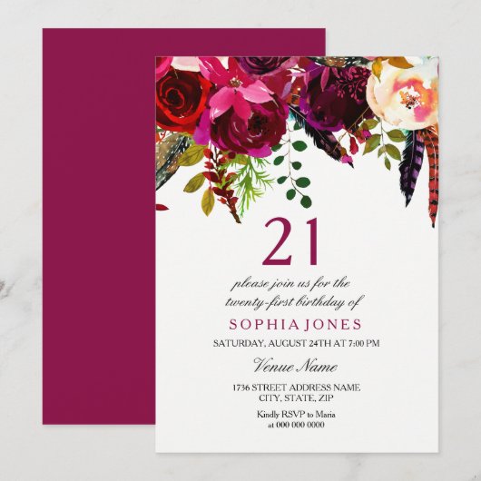 Invitation Pink & Burgundy Boho Floral 21e fête d'anniversair (Devant / Derrière)