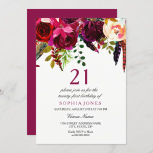 Invitation Pink & Burgundy Boho Floral 21e fête d'anniversair