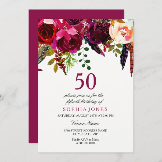 Invitation Pink & Burgundy Boho Floral 50e fête d'anniversair (Devant / Derrière)