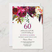 Invitation Pink & Burgundy Boho Floral 60e fête d'anniversair (Devant)