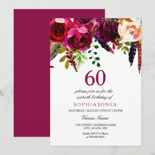 Invitation Pink & Burgundy Boho Floral 60e fête d'anniversair