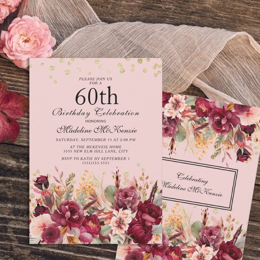 Invitation Pink Burgundy Floral Gold Parties scintillant 60e 
