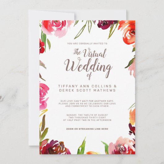 Invitation Pink Burgundy Floral Mariage virtuel en ligne (Devant)