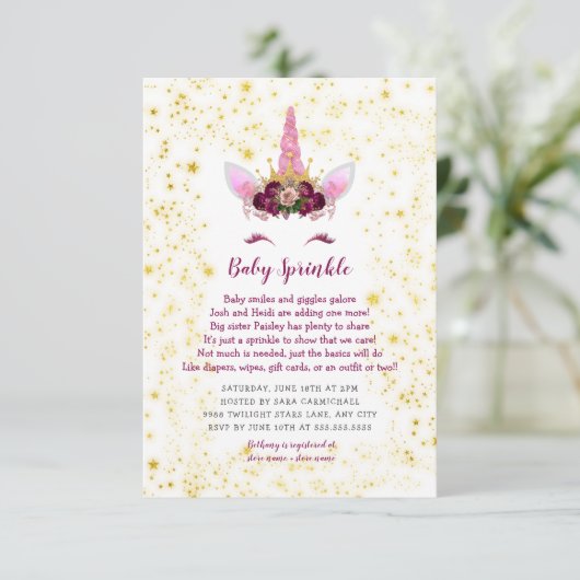 Invitation Pink Burgundy Gold Unicorn Baby Sprinking (Debout devant)