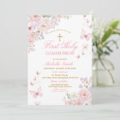 Invitation Pink Butterflies Dusty Floral First Holy Communion (Debout devant)