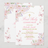 Invitation Pink Butterflies Dusty Floral First Holy Communion (Devant / Derrière)