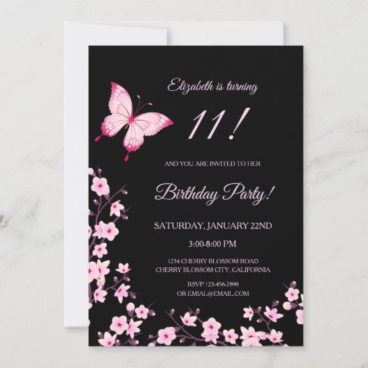 Invitation Pink Butterfly Cherry Blossom Black (Devant)