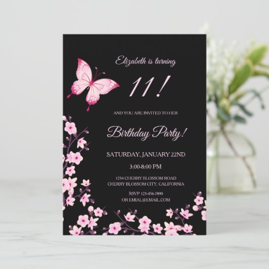 Invitation Pink Butterfly Cherry Blossom Black (Debout devant)