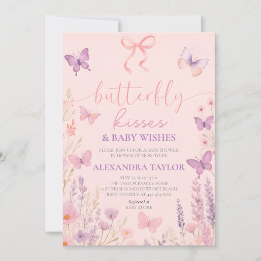 Invitation pink Butterfly Kisses ribbon bow baby shower (Devant)