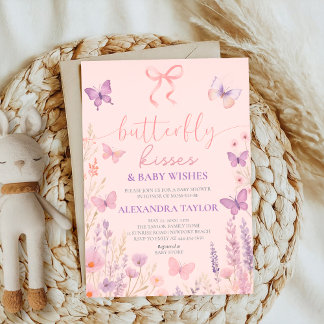 Invitation pink Butterfly Kisses ribbon bow baby shower
