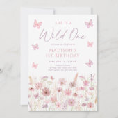 Invitation Pink Butterfly Wildflowers First Birthday (Devant)