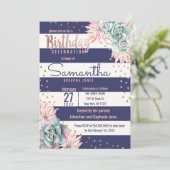 Invitation Pink Cactus Navy Stripes Rose Gold Anniversaire (Debout devant)