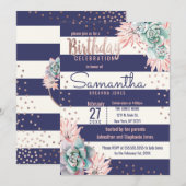 Invitation Pink Cactus Navy Stripes Rose Gold Anniversaire (Devant / Derrière)
