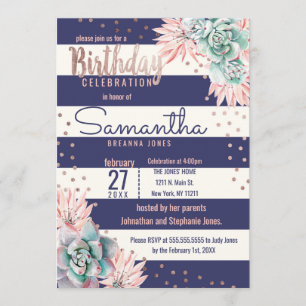Invitation Pink Cactus Navy Stripes Rose Gold Anniversaire