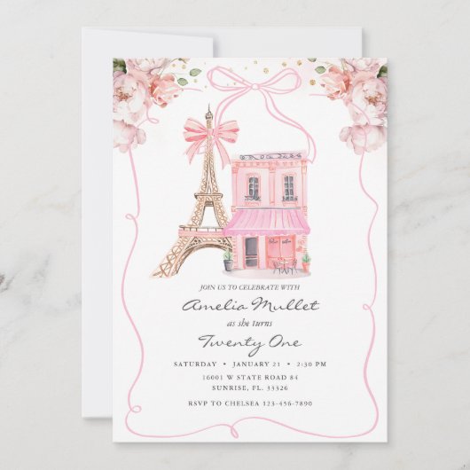 Invitation Pink Cafe Paris Bow Tour Eiffel Tout âge Anniversa (Devant)