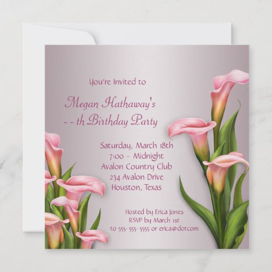 Invitation Pink Calla Lily Modèle de réception d'anniversaire (Dos)