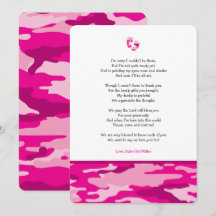 Pink Camo fille poème baby shower merci note