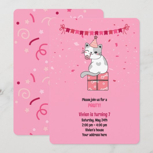 Invitation Pink Cat Kids Birthday Party (Devant / Derrière)