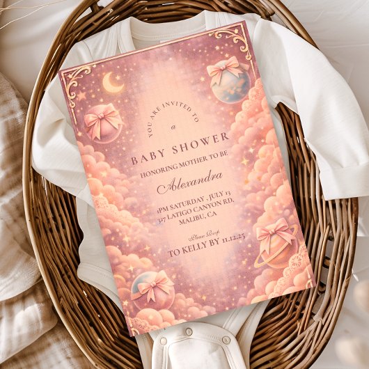 Invitation Pink Celestial Bows Clouds Baby Shower
