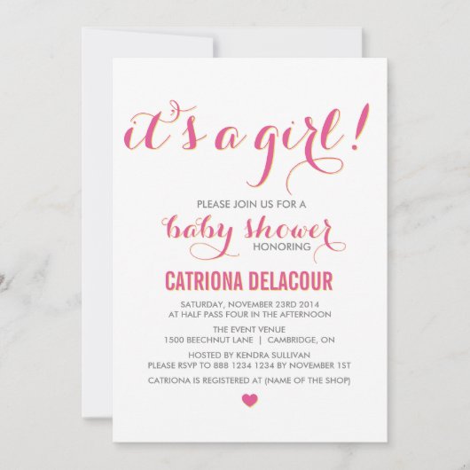 Invitation Pink C'est une fille Baby shower de typographie In (Devant)