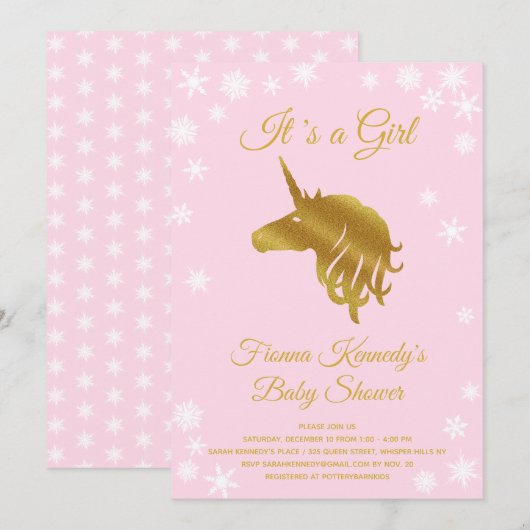 Invitation Pink C'est une fille Baby shower d'hiver Unicorn (Devant / Derrière)
