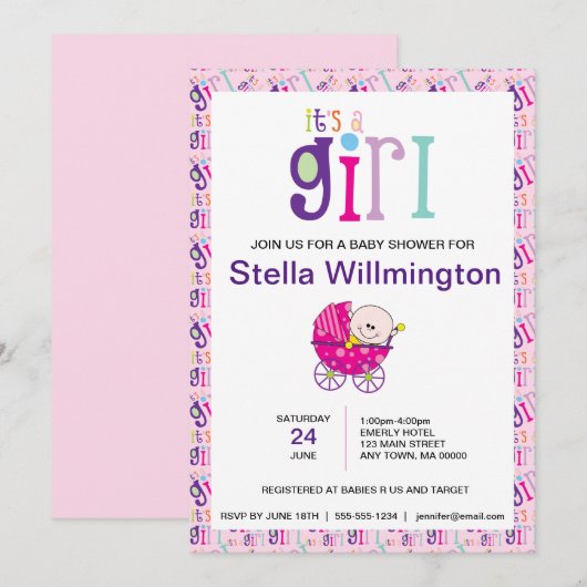 Invitation Pink C'est une Motif de transport de bébé fille Po (Devant / Derrière)