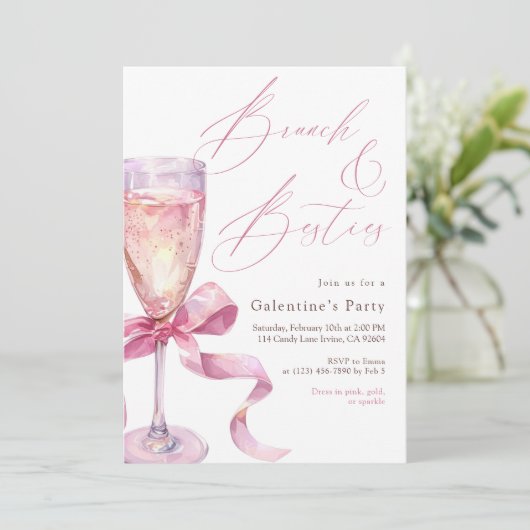 Invitation Pink Champagne Bow Brunch & Besties Galentine’s  (Debout devant)