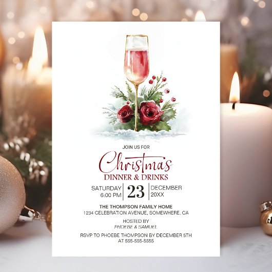 Invitation Pink Champagne Christmas Dinner and Drinks