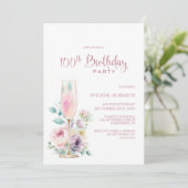 Invitation Pink Champagne Floral 100th Birthday Party (Debout devant)