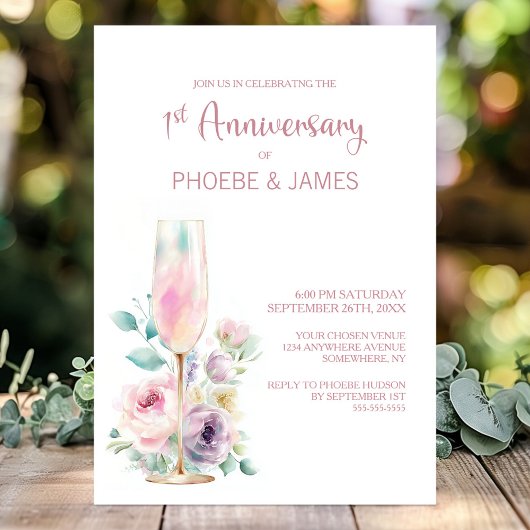 Invitation Pink Champagne Floral 1st Wedding Anniversary